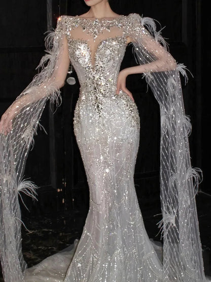 Luxuriöses Brautkleid im Meerjungfrauenstil mit Rundhalsausschnitt, langen Ärmeln und silbernen Pailletten – Figurbetontes Brautkleid AB2270