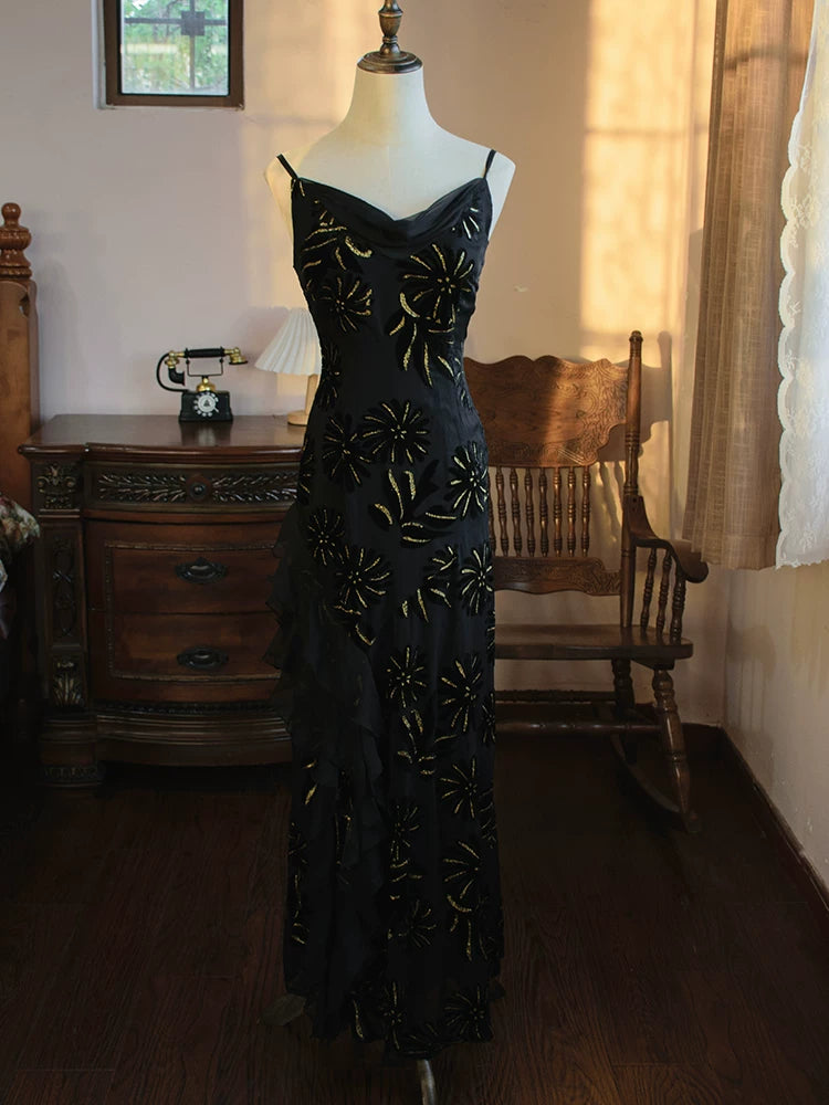 Vintage Meerjungfrauen-Abendkleid aus schwarzem Chiffon aus den 1960er Jahren – Inspiration für lange Partykleider und Outfits zum 18. Geburtstag AB2387