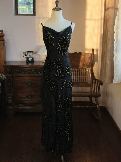 Vintage Meerjungfrauen-Abendkleid aus schwarzem Chiffon aus den 1960er Jahren – Inspiration für lange Partykleider und Outfits zum 18. Geburtstag AB2387