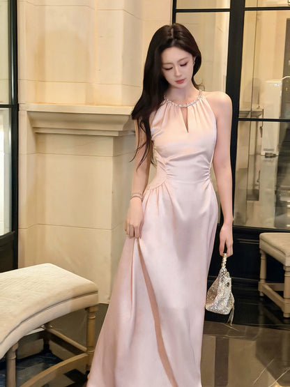 Sexy A-Linien-Abendkleid aus rosa Satin mit Rundhalsausschnitt, auch als Hochzeitsgastkleid oder Outfit zum 20. Geburtstag geeignet (AB2468)