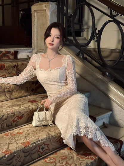 Robe de bal sirène sexy, col carré, dentelle blanche, manches longues, longueur cheville, robe d'invitée de mariage, tenue pour un 22e anniversaire AB2491