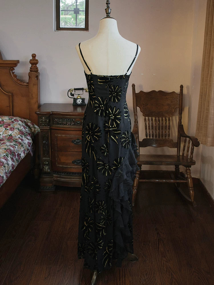 Vintage Meerjungfrauen-Abendkleid aus schwarzem Chiffon aus den 1960er Jahren – Inspiration für lange Partykleider und Outfits zum 18. Geburtstag AB2387