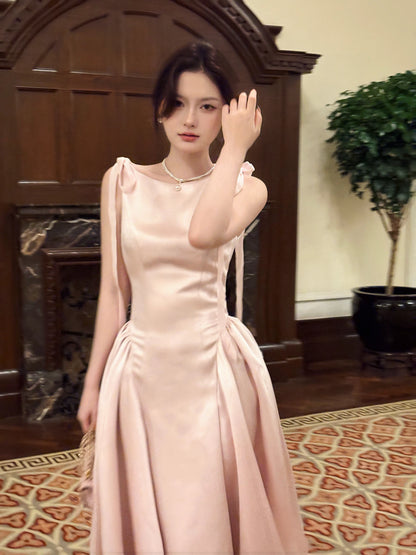 Einfaches, knöchellanges, rosa Satin-Abendkleid in A-Linie mit Rundhalsausschnitt – perfekt für den 17. Geburtstag oder andere festliche Anlässe (AB2498)