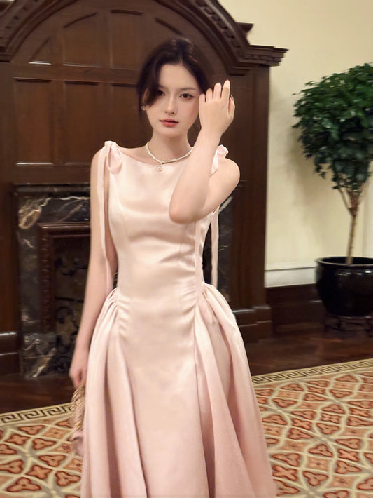Simple A Line Scoop Neck Pink Satin Ankle Length Prom Dresses 17th Nigh Party Birthday Outfits AB2498