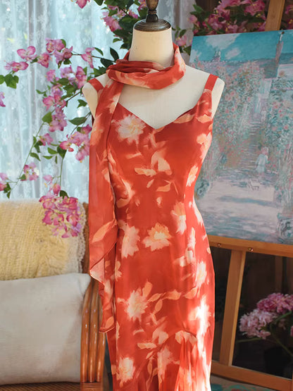 Vintage Meerjungfrauen-Chiffonkleid aus den 1950er Jahren mit V-Ausschnitt, floralem Muster und Schal – Inspiration für lange Party- und Abendkleider, Outfits zum 18. Geburtstag AB2378