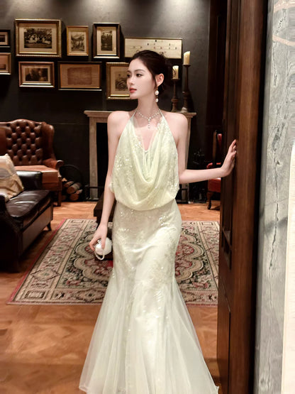 Sexy Mermaid Halter Mint Green Sequins Ankle Length Prom Dresses Wedding Guest Dress 20th Birthday Outfits AB2479