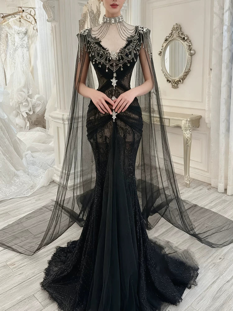 Elegantes, schlichtes Ballkleid im Meerjungfrauenstil mit V-Ausschnitt, schwarzem Tüll, langen Ärmeln und Cape, langes, formelles Partykleid AB2337