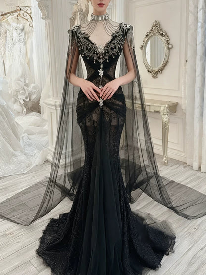 Elegantes, schlichtes Ballkleid im Meerjungfrauenstil mit V-Ausschnitt, schwarzem Tüll, langen Ärmeln und Cape, langes, formelles Partykleid AB2337