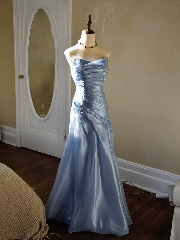 Robe de bal longue bleue sirène vintage sans bretelles avec plis, inspiration robe de soirée, tenue pour un 18e anniversaire AB2369