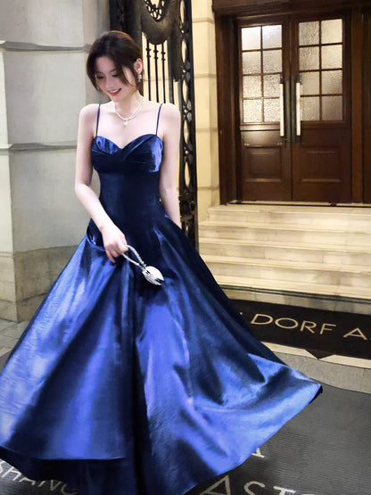 Sexy A line Spaghetti Straps Royal Blue Satin Long Prom Dresses Wedding Guest Dress 20th Birthday Outfits AB2482