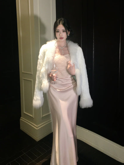 Sexy Meerjungfrauen-Abendkleid mit Spaghettiträgern aus rosa Satin, auch als Hochzeitsgastkleid oder Outfit zum 20. Geburtstag geeignet (AB2464)