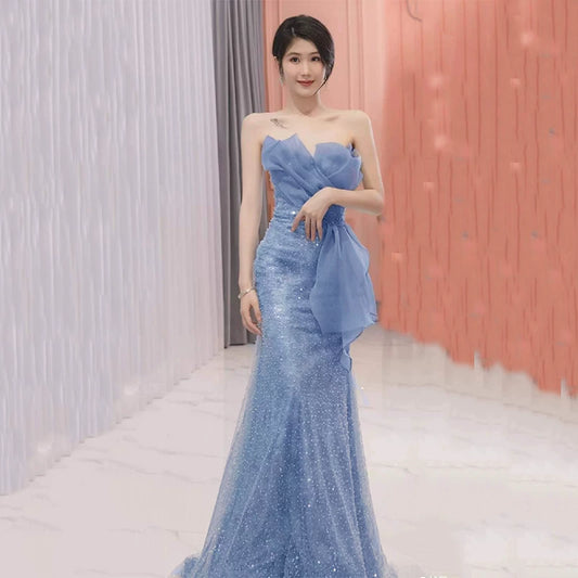Robe de bal sirène bustier bleu poudré à sequins, inspiration robe de soirée longue pour un 20e anniversaire AB2330