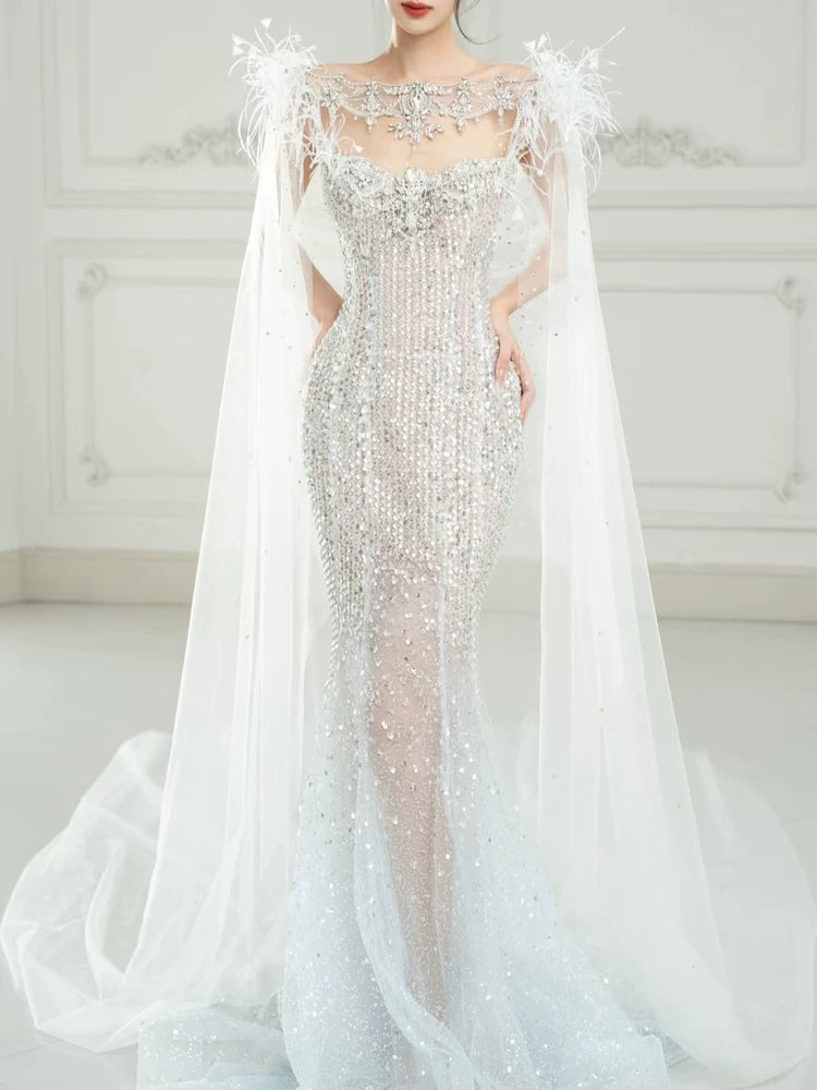 Luxuriöses Meerjungfrauen-Abendkleid mit Pailletten, Cape, langes Partykleid, Outfit für den 19. Geburtstag AB2326