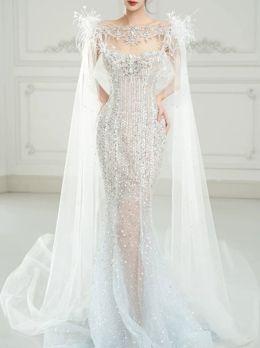 Luxurious Mermaid Scoop Evening Dress Sequins Prom Dress With Cape Long Party Dresses 19th Birthday Outfits AB2326