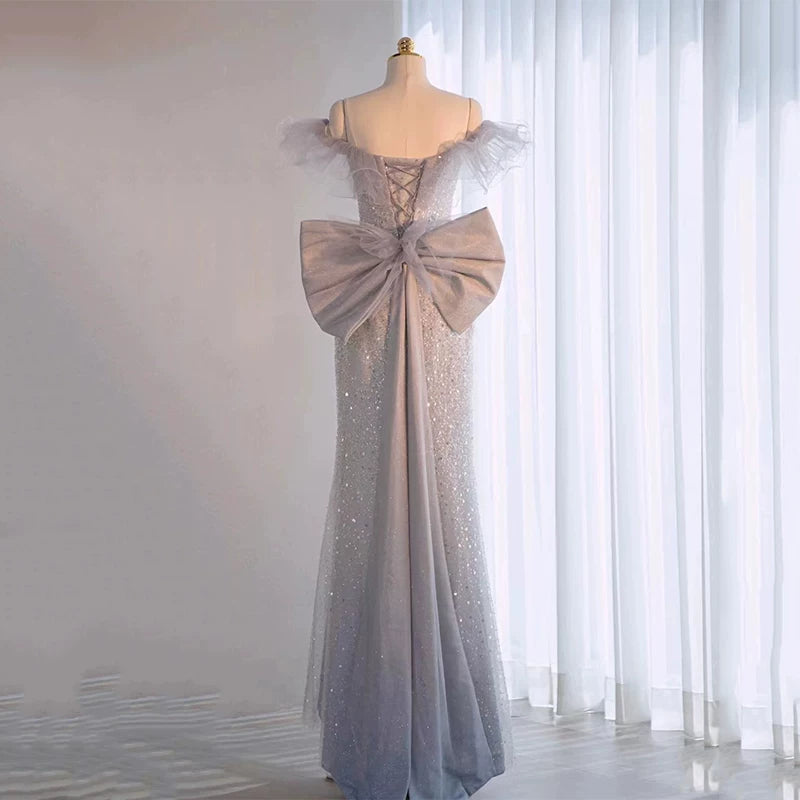 Glitzerndes Meerjungfrauen-Abendkleid, schulterfrei, Pailletten, langes Ballkleid, Partykleid, Outfit zum 21. Geburtstag AB2322