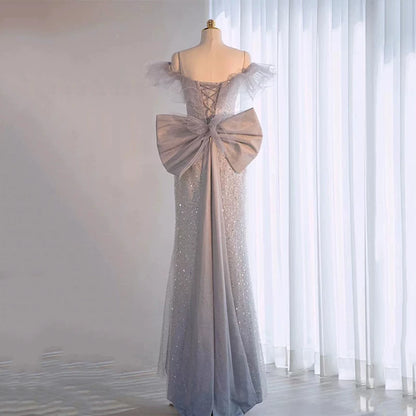 Glitzerndes Meerjungfrauen-Abendkleid, schulterfrei, Pailletten, langes Ballkleid, Partykleid, Outfit zum 21. Geburtstag AB2322