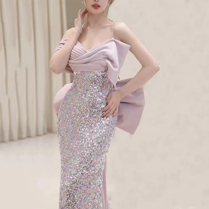 Elegantes Meerjungfrauen-Abendkleid mit Spaghettiträgern und lila Pailletten – Inspiration für lange Partys und den 19. Geburtstag (AB2320)
