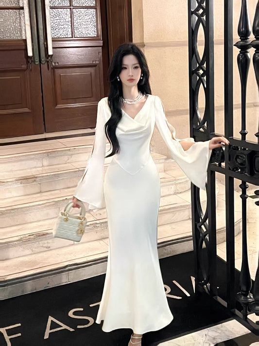 Sexy Mermaid Cowl Neck White Satin Ankle Length Prom Dresses Wedding Guest Dress 20th Birthday Outfits AB2483