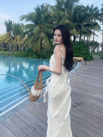 Sexy Mermaid Spaghetti Straps White Chiffon Prom Dresses Wedding Guest Dress 20th Birthday Outfits AB2477