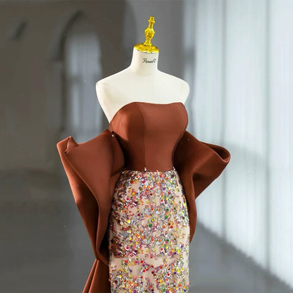 Robe de bal sirène bustier à sequins floraux marron, inspiration robe de soirée longue pour un 19e anniversaire AB2323