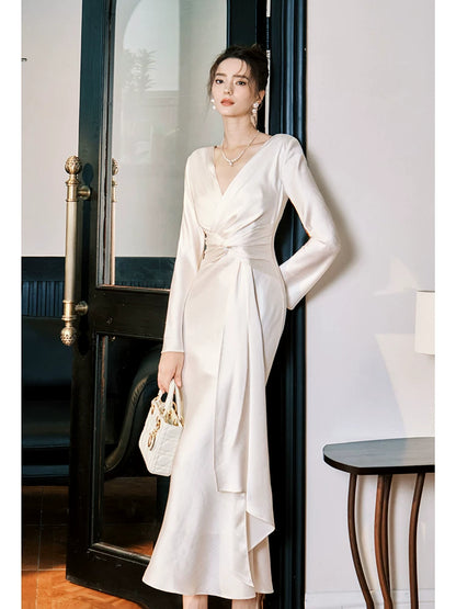 Sexy Mermaid V Neck Long Sleeves Ankle Length Prom Dresses Wedding Guest Dress 22th Birthday Outfits AB2511