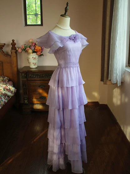 Vintage A-Linien-Abendkleid in Flieder mit U-Boot-Ausschnitt und Falten – Inspiriert von langen Partykleidern und Abendkleidern zum 18. Geburtstag AB2366