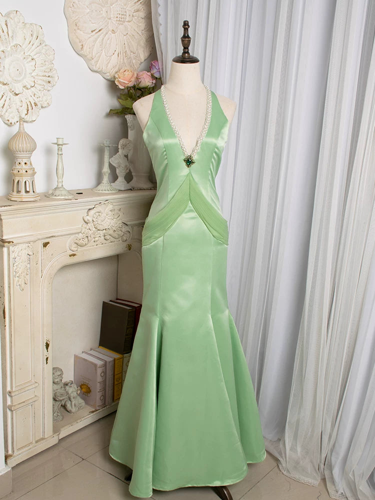 Vintage Meerjungfrauen-Abendkleid aus den 1980er Jahren mit V-Ausschnitt in Grün – Inspiration für lange Partys und den 21. Geburtstag (AB2372)