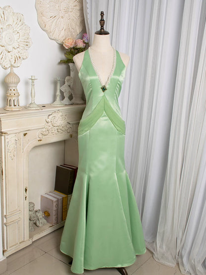 Vintage Meerjungfrauen-Abendkleid aus den 1980er Jahren mit V-Ausschnitt in Grün – Inspiration für lange Partys und den 21. Geburtstag (AB2372)