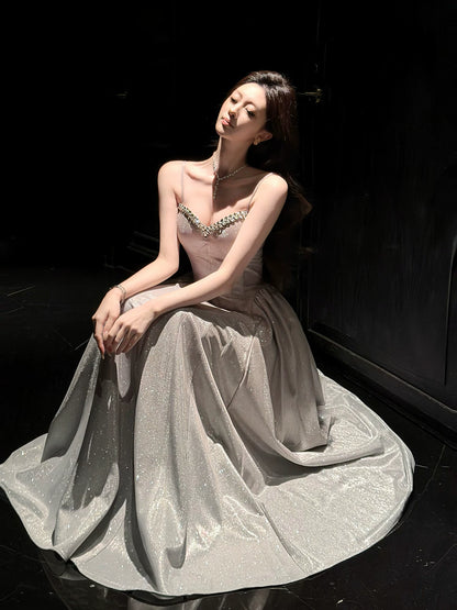 Robe de bal rose à sequins, coupe trapèze, bretelles spaghetti, style modeste, idéale pour un mariage ou un 20e anniversaire (AB2463)