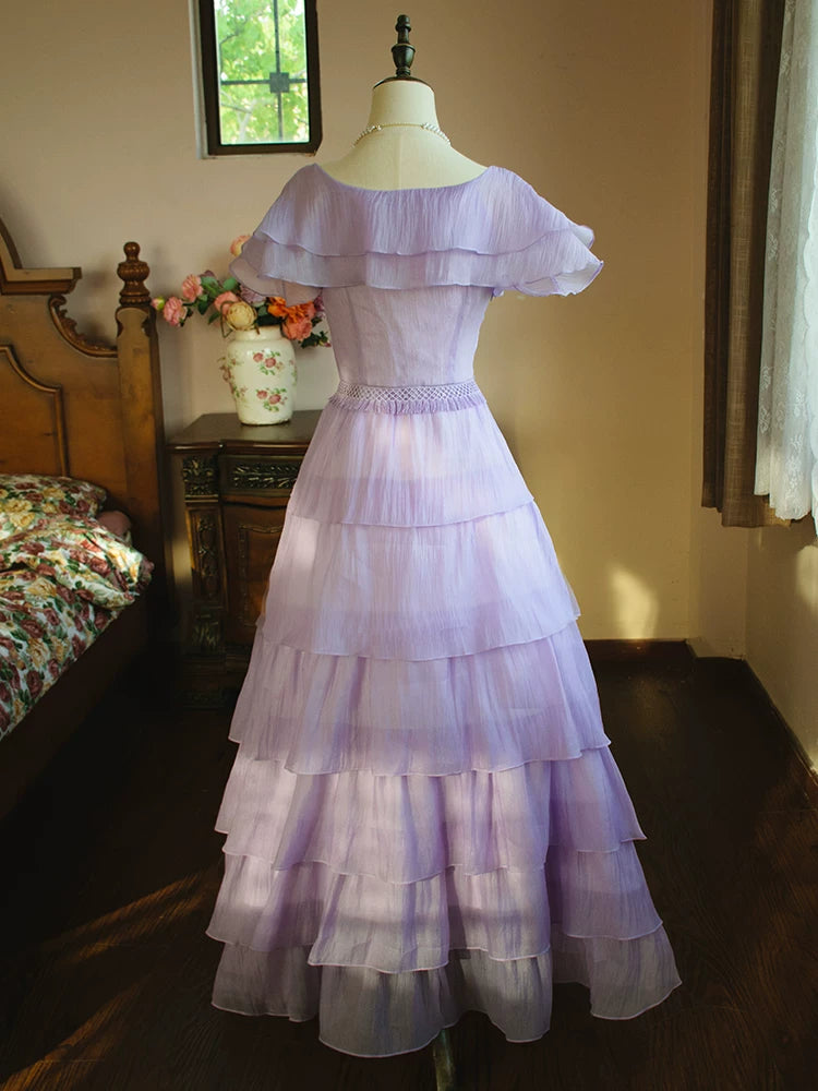 Vintage A-Linien-Abendkleid in Flieder mit U-Boot-Ausschnitt und Falten – Inspiriert von langen Partykleidern und Abendkleidern zum 18. Geburtstag AB2366