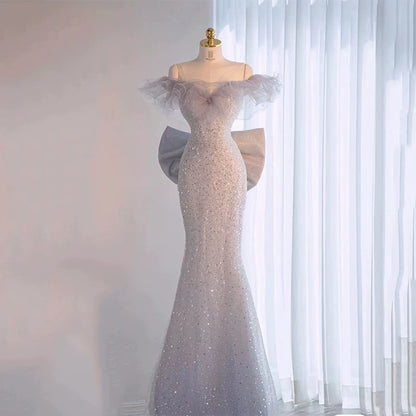 Glitzerndes Meerjungfrauen-Abendkleid, schulterfrei, Pailletten, langes Ballkleid, Partykleid, Outfit zum 21. Geburtstag AB2322