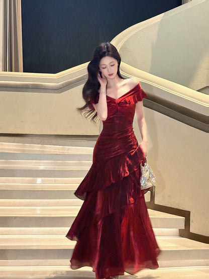 Elegantes, schulterfreies, burgunderrotes Meerjungfrauen-Abendkleid, langes Kleid, Outfit für den 16. Geburtstag, AB2460