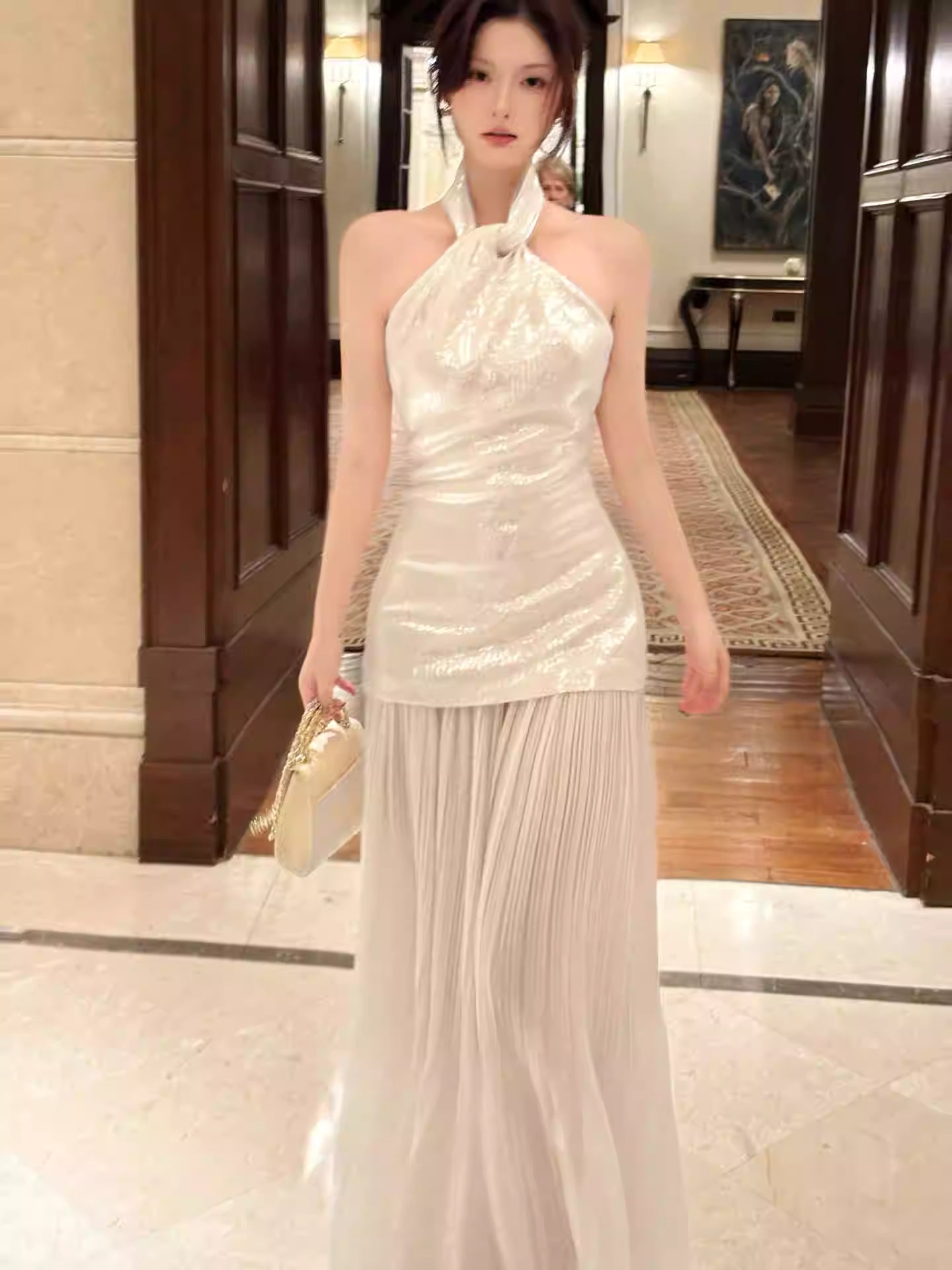Elegantes Meerjungfrauen-Halterkleid in Elfenbein, knöchellang, für Abschlussball, 17. Geburtstag, Party, AB2484