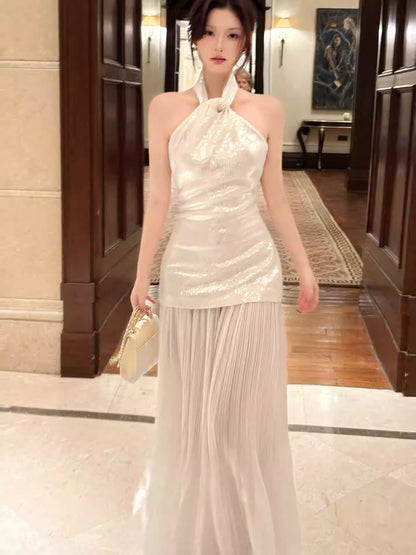Elegantes Meerjungfrauen-Halterkleid in Elfenbein, knöchellang, für Abschlussball, 17. Geburtstag, Party, AB2484