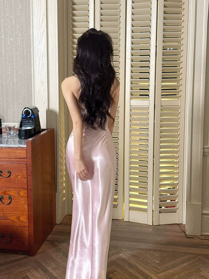 Robe de bal chic en satin rose satiné, coupe fourreau, dos nu, longueur cheville, idéale pour une remise de diplôme ou un 18e anniversaire (N098)