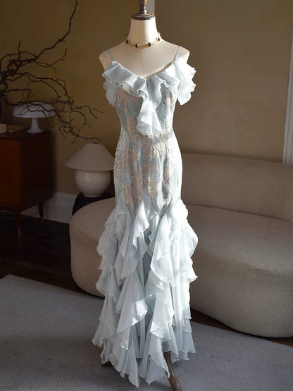 Vintage Meerjungfrauen-Kleid aus den 1960er Jahren mit Spaghettiträgern, hellblauem Chiffon, Inspiration für lange Partykleider, Outfits zum 18. Geburtstag AB2388
