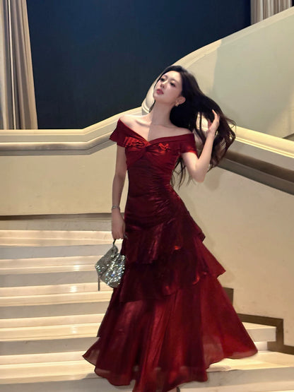 Elegantes, schulterfreies, burgunderrotes Meerjungfrauen-Abendkleid, langes Kleid, Outfit für den 16. Geburtstag, AB2460