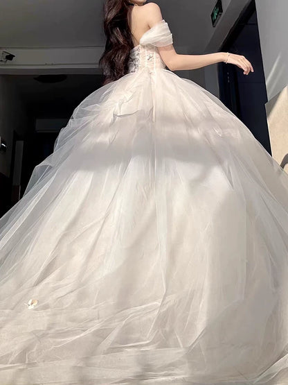 Robe de bal princesse épaules dénudées en tulle champagne, inspiration robes de soirée longues, tenues pour un 20e anniversaire AB2237