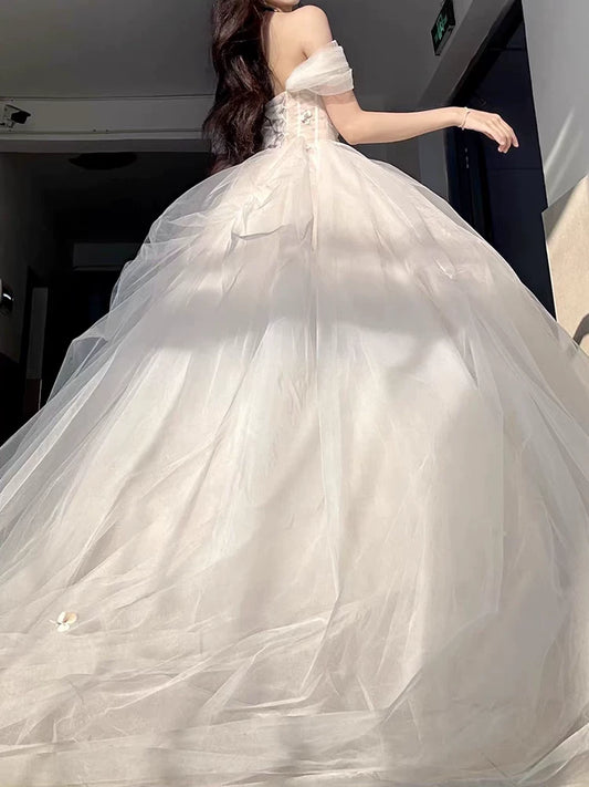 Princess Ball Gown Off The Shoulder Tulle Champagne Prom Dresses Inspiration Long Party Night Gowns 20th Birthday Outfits AB2237