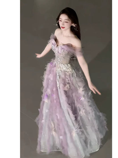 Süßes Ballkleid, schulterfrei, aus rosa Tüll, Inspiration für lange Party-Nachtkleider, Outfits zum 20. Geburtstag AB2238