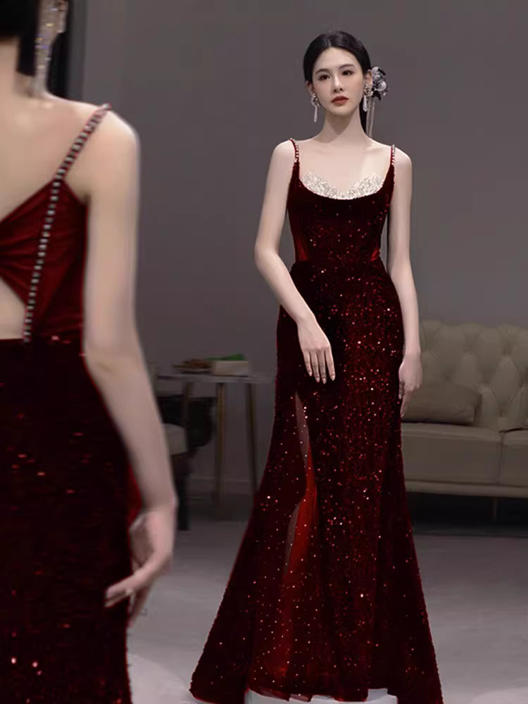 Glamouröses Meerjungfrauen-Abendkleid mit Spaghettiträgern, burgunderrot, Pailletten, langes Kleid, Partykleid zum 20. Geburtstag, Ballkleid AB2245