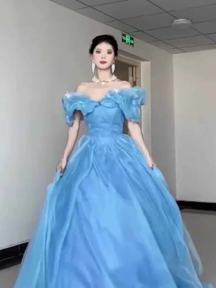 Robe de bal princesse épaules dénudées bleue, inspiration robes de soirée longues, tenues pour un 20e anniversaire AB2240