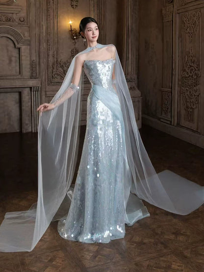 Robe de bal sirène sans bretelles à sequins bleu ciel clair, inspiration robe de soirée longue pour un 19e anniversaire AB2262