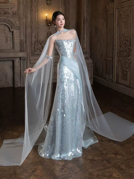 Robe de bal sirène sans bretelles à sequins bleu ciel clair, inspiration robe de soirée longue pour un 19e anniversaire AB2262
