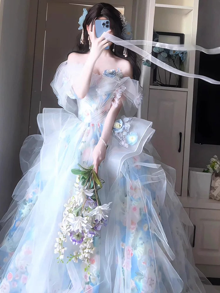 Einzigartiges schulterfreies blaues Ballkleid mit kurzen Ärmeln – Inspiration für Abschlussballkleider, Partykleider, Abendkleider, Outfits zum 16. Geburtstag AB2257