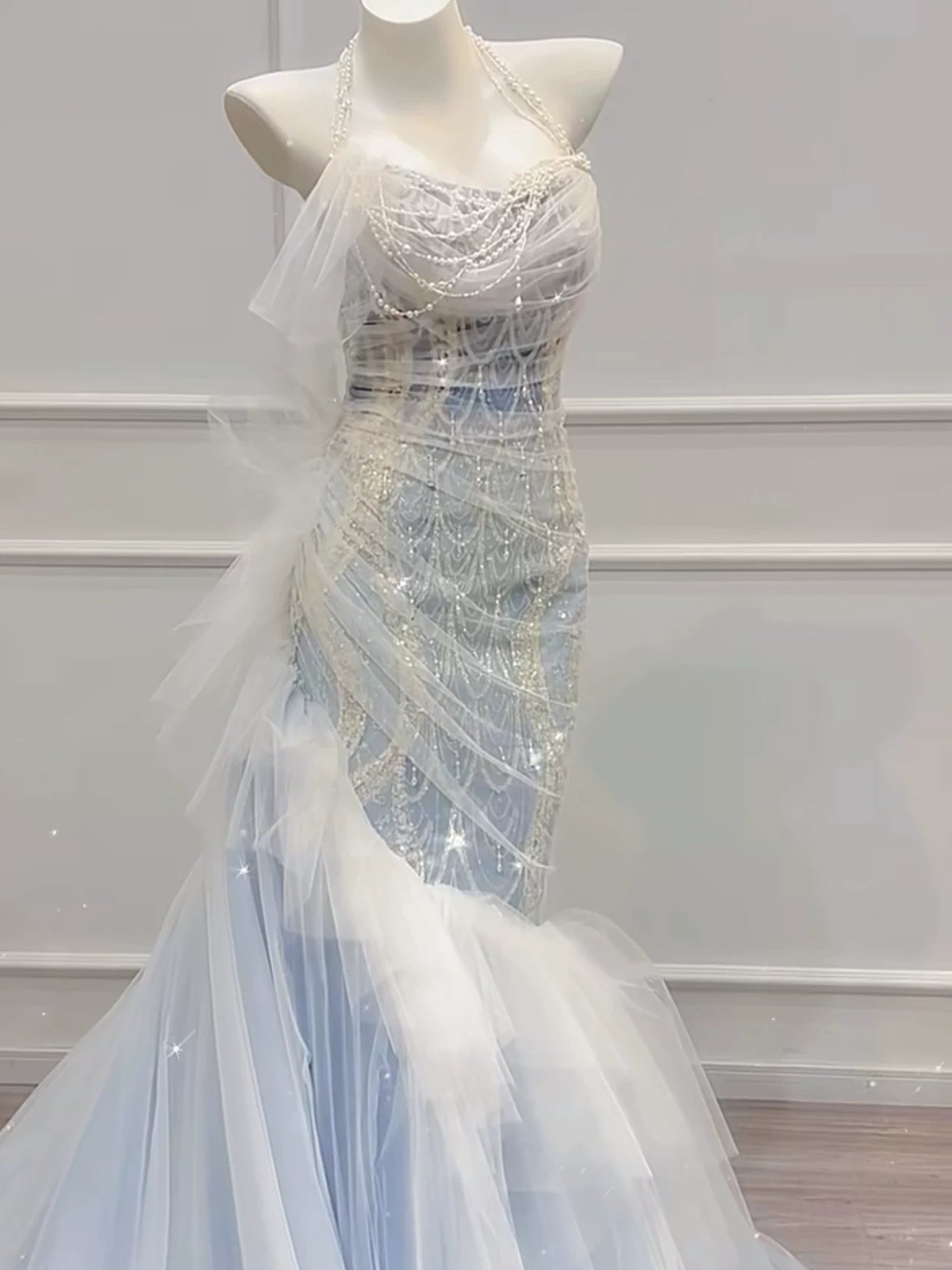 Robe de bal sirène modeste, épaules dénudées, en tulle bleu orné de perles, inspiration robe de soirée longue pour un 21e anniversaire AB2289