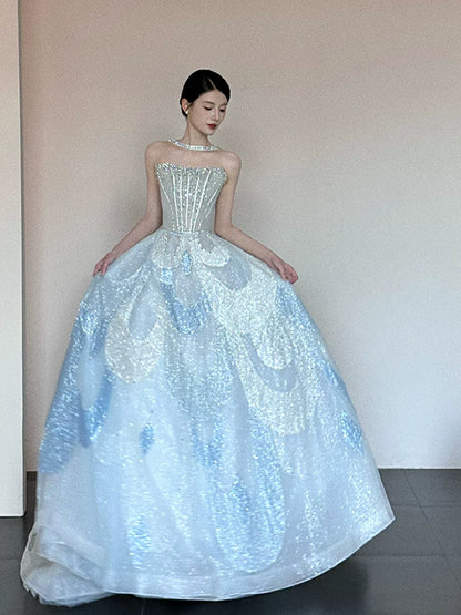 Einzigartiges trägerloses blaues Ballkleid – Inspiration für lange Party-Nachtkleider – Outfits zum 20. Geburtstag AB2241