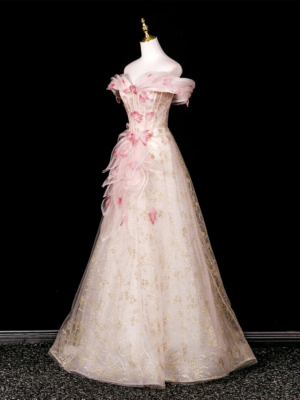 Robe de bal de princesse à épaules dénudées en tulle rose, inspiration pour une longue soirée, tenue pour un 20e anniversaire AB2236