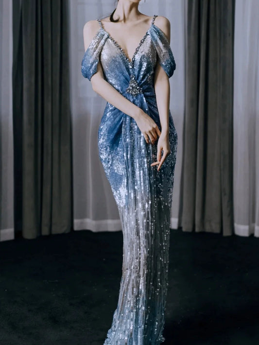 Robe de bal sirène modeste à col en V, sequins bleu ombré et plis, inspiration robe de soirée longue pour un 19e anniversaire AB2278