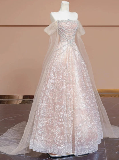 Einzigartiges Ballkleid, schulterfrei, rosa mit kurzen Ärmeln – Inspiration für Abschlussballkleider, Partykleider, Abendkleider, Outfits zum 20. Geburtstag AB2256